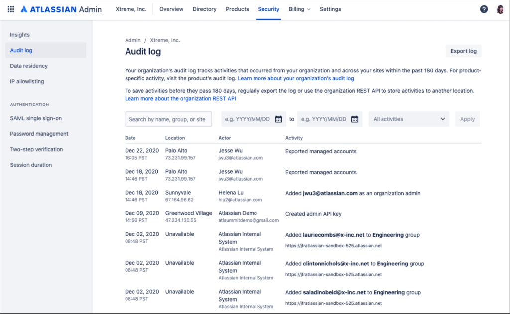 Audit log administration menu